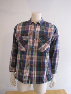 Vintage Five Brother Western Heavy Flannel Jacket/Shirt with Pearl Button Snaps - No Side Pockets Plaid Long Sleeve Flannel Shirt With Button Closure, Collared Flannel Shirt With Button Closure For Work, Button-up Flannel Shirt For Work, Retro Cotton Flannel Shirt With Button Closure, Plaid Shirt With Snap Buttons And Long Sleeves, Plaid Shirt With Snap Buttons, Plaid Long Sleeve Shirt With Snap Buttons, Casual Flannel Shirt With Snap Buttons For Work, Classic Button-up Flannel Shirt With Snap Buttons