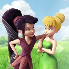 two cartoon tinkerbells standing next to each other in the grass with their arms around one another