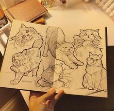 a person holding an open book with drawings of cats on it's cover and in front of them