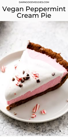 a slice of vegan peppermint cream pie on a white plate