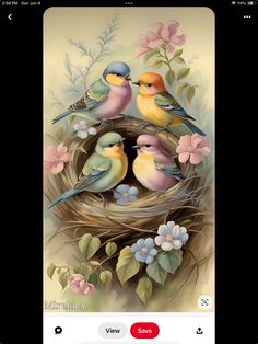 an iphone screen with a painting of birds in a nest and flowers on the side