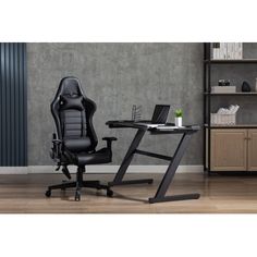 an office chair sitting in front of a computer desk