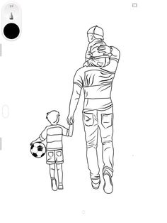 a black and white drawing of a man holding the hand of a small child as they walk