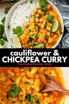 cauliflower and chickpea curry in a bowl with rice