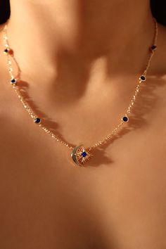 14K Gold Blue Gem Moon Star Necklace – Cutethingscommin Gold Blue Jewelry, Blue And Gold Jewelry, Blue Jewlery, Moon Star Necklace, Navy Blue And Gold, Space Jewelry, Prom Jewelry, Gold Jewelry Necklace, Best Gifts For Her