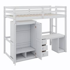 a white bunk bed with drawers underneath it and a desk under the bottom shelf for storage