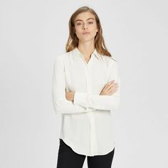 #ad Premium NWT Theory Essential Button Down Silk Shirt Blouse Ivory Size P(XS), S, M $285, Fashion Women's Tops Silk Shirt Blouses, Classic Menswear, Shopping Ideas, Color Ivory, Silk Shirt, Button Downs, Button Down Shirt, Fashion Outfits, Silk