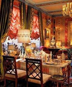 a dining room filled with lots of table and chairs next to windows covered in curtains