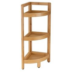 the corner shelf is made out of wood and has two shelves on each side, one with