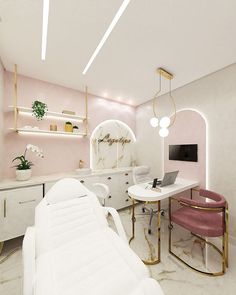 a room with pink walls and white furniture in the center, along with gold accents