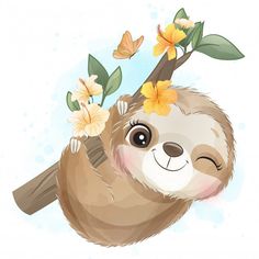 a cute slotty with flowers on its head hanging from a tree branch in the air