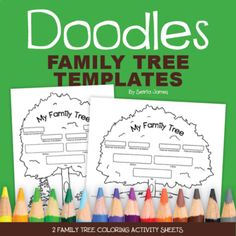 two family tree worksheets with colored pencils on the bottom and green background