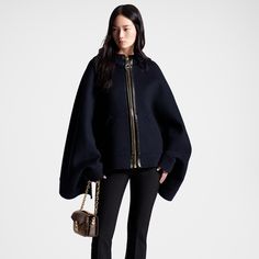 LOUIS VUITTON® - Cape Hoodie - Marine Louis Vuitton Jacket, Louis Vuitton Gifts, Fall Winter Essentials, Stole Scarf, Rory Gilmore, Louis Vuitton Official, Leather Accents, Exposed Zipper, Knitwear Tops