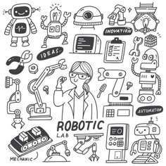 robotics doodles on white background with black and white outlines stock photo - image