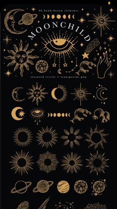 an image of the sun, moon and planets in gold on black background with text that reads