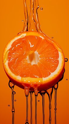 an orange is being dropped into water by dripping liquid from the top to the bottom