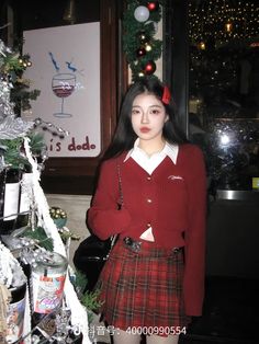 christmas party outfit ⋆ ˚｡⋆୨୧⋆ ˚｡⋆ Christmas Outfits Korean Style, Red Outfit For Christmas Party, Present Outfit Christmas, December Clothes Outfits, White And Red Christmas Outfit, Christmas Town Photoshoot, Korean Fashion Christmas, Christmas Outfits Y2k, Christmas Outfit Asian