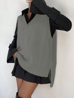 Women's Casual Solid Color Asymmetric Hem Sweater Vest, Spring & Autumn Dark Grey Casual   Fabric Colorblock,Plain  Slight Stretch  Women Clothing, size features are:Bust: ,Length: ,Sleeve Length: Spring Business Casual Outfits, Velvet Sweater, Khaki Fashion, Hem Sweater, Sweater Vest Women, 가을 패션, Fashion Mode, Business Casual Outfits, Spring Outfits Casual