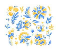 blue and yellow flowers are arranged in the shape of a flower arrangement on a white background