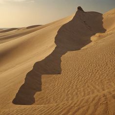 the shadow of a person standing on top of a large sand dune in the desert