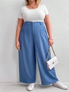 Azul Casual Collar  Tela tricotada Liso Pierna recta Embellished No-Elástico Casual Wide Leg Pants, How To Hem Pants, Plus Size Pants, Elegant Dresses Long, Kids Sleepwear, Kids Beachwear, Wide Leg Jeans, Plus Clothing, Colorful Leggings