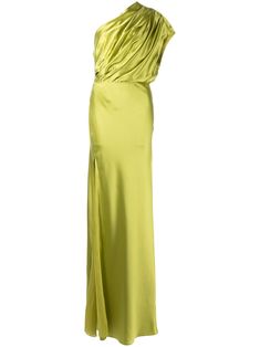 chartreuse green silk draped detailing side slit one-shoulder open back sleeveless long length Yellow Evening Gown, Chartreuse Dress, Gown Green, Open Back Gown, Green Formal Dresses, Green Silk Dresses, Michelle Mason, Chartreuse Green, Green Gown