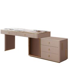 an image of a desk with drawers on the top and bottom part in beige color