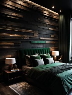 a bedroom with wood paneling on the wall and green bedding, along with two lamps