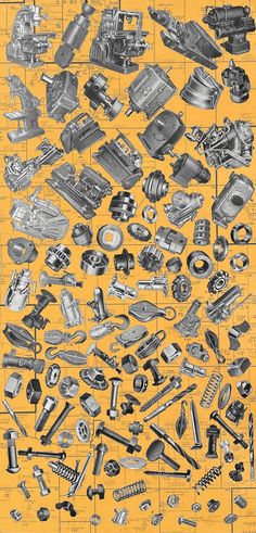 a poster with many different types of tools on it's side, including an engine and