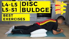 a man laying on top of a yoga mat in front of a kitchen with the words,