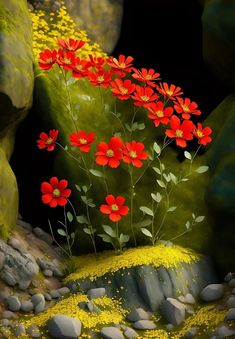 a painting of red flowers growing out of rocks on a green hillside with yellow grass