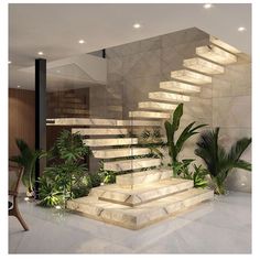 a modern staircase in the middle of a living room with potted plants on either side