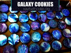 galaxy cookies in a baking pan with the title overlay