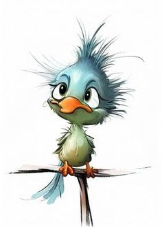 a cartoon bird sitting on top of a branch with hair flying around it's head