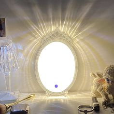 a sheep is standing in front of a round window with the light coming through it