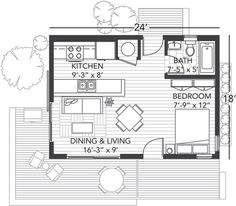 the floor plan for a small apartment with two bedroom and living areas, including an open kitchen