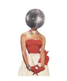 a painting of a woman with a disco ball on her head and red gloves around her waist