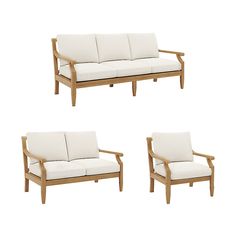 three pieces of furniture with white cushions and wood frame, all in different shapes and sizes