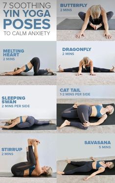 a woman doing yoga poses to calm her body