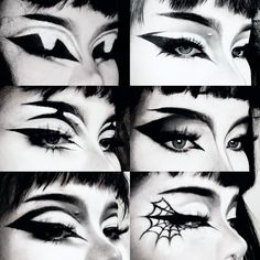 gothic eye makeup inspo pics, alternative, alt, black and white makeup, nose contour, inspiration, spiderweb, tradgoth, big eyeliner Big Eyeliner Makeup Looks, Goth Winged Eyeliner, Alt Eyeliner Hooded Eyes, Eyeliner Inspo Alt, Goth Nose Contour, Goth Makeup For Hooded Eyes, Goth Contour, Trad Goth Eyeliner, Big Eyeliner Goth