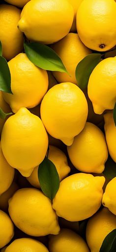 a pile of lemons with green leaves on them