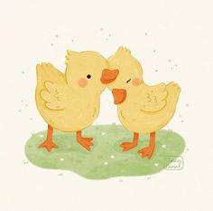 two yellow chickens are touching each other on the green grass with stars in the background