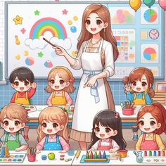 a woman standing in front of a group of children at a table with paintbrushes