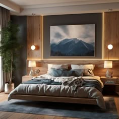 a large bed sitting in a bedroom next to two lamps and a painting on the wall