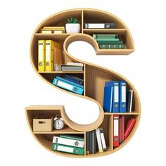 the letter s is made up of shelves with books and office supplies on it's sides