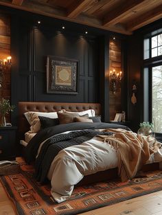 a large bed sitting next to a window in a room with wooden floors and walls