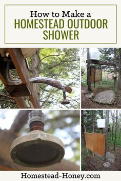 how to make a homemade outdoor shower in the woods with pictures and text overlay