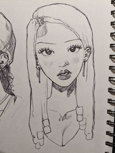 a drawing of two people with long hair and one has ear rings on her head