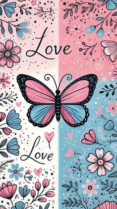 two panels with butterflies and flowers on them, one has the words love in different languages