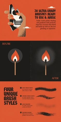 four different types of brush styles on an orange background